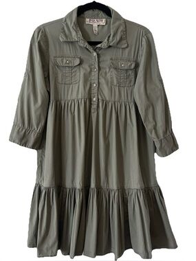 American Rag Cie Utility Shirt Dress Large Olive Green Tiered Roll Tab